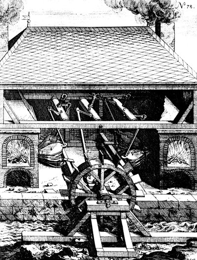 Forge with bellows driven by an undershot water wheel through cranks, 1673 by Unbekannt