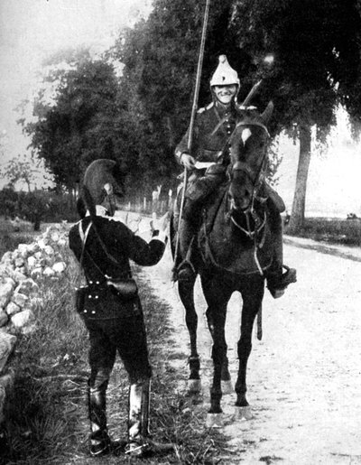French Dragoon, Delivering Passport to Alert Belgian Picket, First World War by Unbekannt