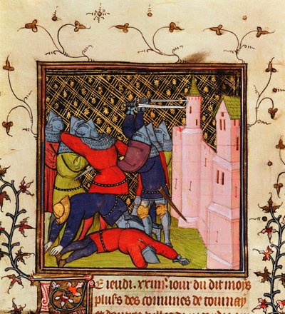 Hand-to-hand fighting with swords in defence of a castle by Unbekannt