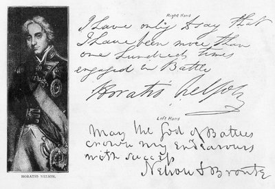 Handwriting and signatures of Lord Nelson before and after the loss of his right arm, including his last letter before the battle of Trafalgar, written from HMS 