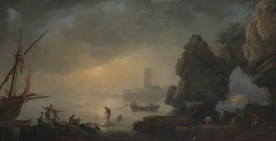 Harbor Scene with a Grotto and Fishermen Hauling in Nets by Unbekannt