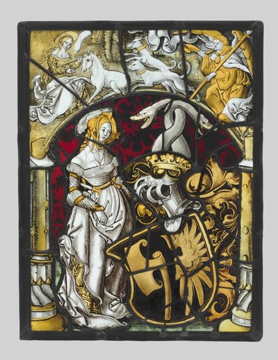 Heraldic Panel with Arms of Lichtenfels and a Unicorn Hunt by Unbekannt