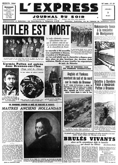 Hitler is Dead, front page of LExpress newspaper, 3 May 1945 by Unbekannt