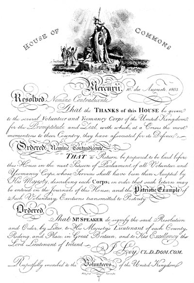 House of Commons resolution conveying thanks to the Volunteer Yeomanry Corps by Unbekannt