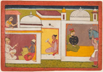 Inside a Building, Madhava Sits Facing a Man Holding a Scale, from a Madhavanala by Unbekannt