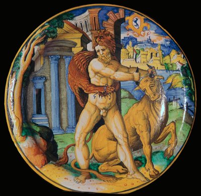 Italian Earthenware Plate with an Image of Hercules and the Cretan Bull, 16th Century by Unbekannt