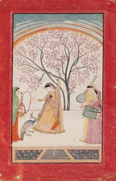 Lady on Terrace with Tree Branch, Peacock, Maid, and Two Musicians by Unbekannt