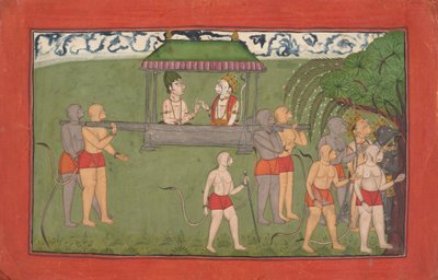 Lakshmana and Sugriva Being Carried by Palanquin to Receive Ramas Blessings, ca. 1710-25 by Unbekannt