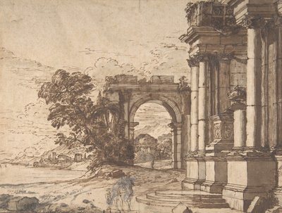 Landscape with Classical Architecture by a Lake by Unbekannt