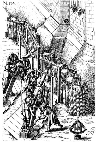 Laying siege canon on target, from Le diverse et artificiose machine by Unbekannt