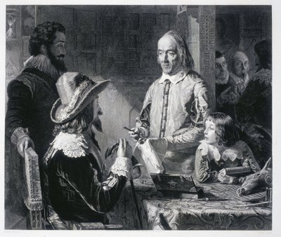 The English doctor William Harvey (1578-1637) showing King Charles I of England (1600-1649) the theory of blood circulation by Unbekannt