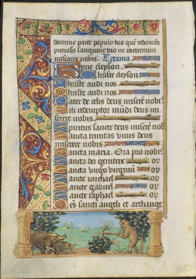 Leaf from a Book of Hours: Ape Hunting Wild Boars by Unbekannt