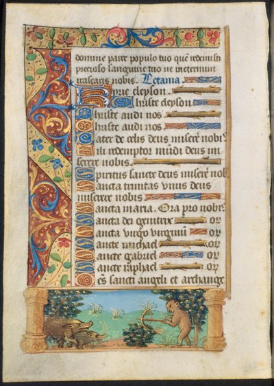Leaf from a Book of Hours: Ape Hunting Wild Boars recto and Ape Fishing verso by Unbekannt