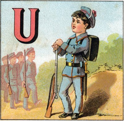 Letter U as uniform. Schoolboy in military suit with a rifle. Engraving in "Alphabet des petits ecoliers". Imaging of Epinal, circa 1885 by Unbekannt