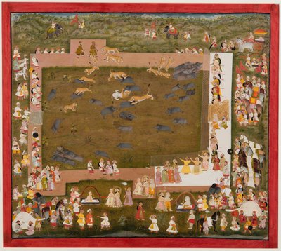 Maharaja Sangram Singh and his court observe a fight between tigers and boars at Sadri, c. 1720 by Unbekannt