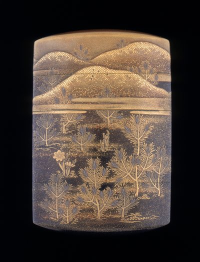 Makie Lacquer Inro Decorated with Stylised Pine Trees and Hills, Late Edo Period, Japan by Unbekannt