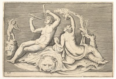 Man Playing Two Flutes and Woman on Lionskin, published ca. 1599-1622 by Unbekannt