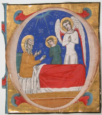 Manuscript Illumination with Tobit, Tobias, and the Archangel Raphael in an Initial O by Unbekannt