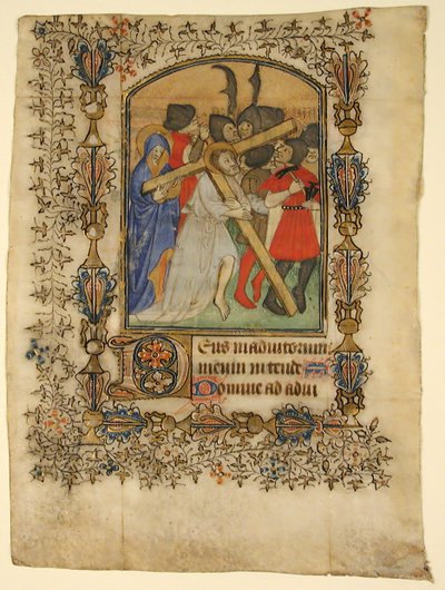 Manuscript Leaf from a Book of Hours... Illuminated Initial D and Christ Bearing the Cross, 1390-140 by Unbekannt