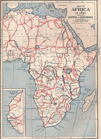Map of Africa in 1891 showing routes of explorers, 1906 by Unbekannt