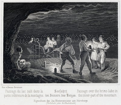 Salt mine: crossing the salt lake inside the mountain, around 1850, in Durrnberg, Austria by Unbekannt