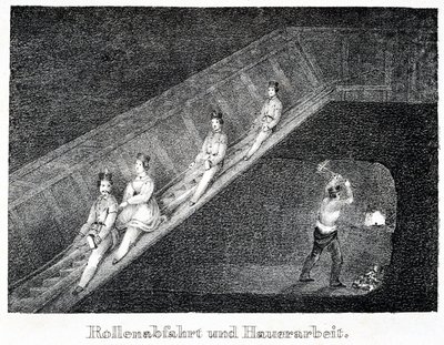 Salt mine: descent system by slide and work of a miner breaking the salt into pieces by Unbekannt