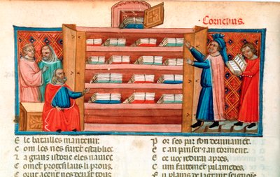 Monks and students in a library, 15th century by Unbekannt