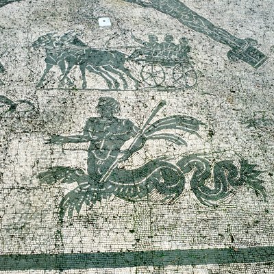 Mosaic, Carts pulled by mules with travellers, Cisarii by Unbekannt