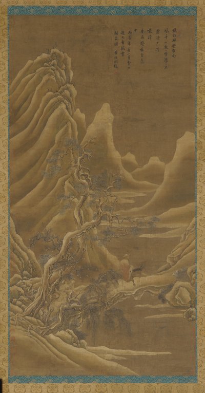 Mountains, a River, and Pines - A Man on a Donkey by Unbekannt