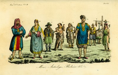 Muslim man on the Hajji to Mecca, Muslim woman, Muslim man in travel clothes, ordinary Muslim, Dervish saint, astrologer or Tagessa, muleteer, barber or Kagiem, Bedouin girl from near Beja (Beggia) by Unbekannt