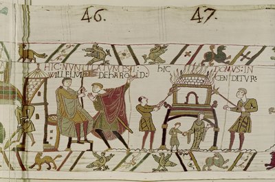 News concerning Harold being brought to William and a house is burnt by the Normans, Bayeux Tapestry by Unbekannt