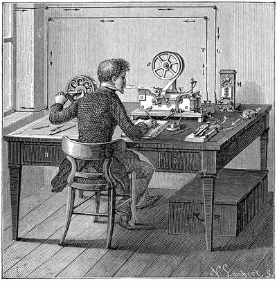 Operator receiving a message in Morse code on an electric printing telegraph by Unbekannt