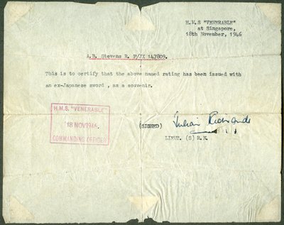 Receipt for an Ex-Japanese Sword, HMS Venerable, Singapore by Unbekannt