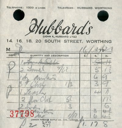 Receipt from Hubbards department store by Unbekannt