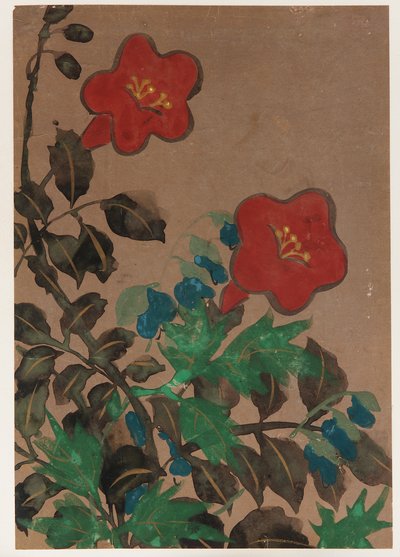 Red and blue flowers and foliage by Unbekannt