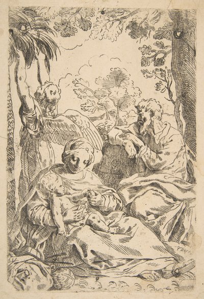 Repose in Egypt, Holy Family seated while an angel pulls at tree branches by Unbekannt