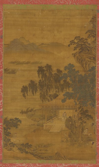 River Landscape: A Man in a Pavilion Under Large Trees by Unbekannt