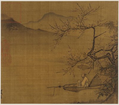 River Landscape: A Man Reading in a Boat Moored Under a Blossoming Tree by Unbekannt