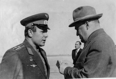 Russian cosmonaut Yuri Gagarin and rocket engineer Sergey Korolyov by Unbekannt