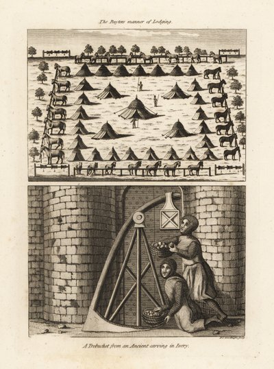 Ruyters cavalry encampment and a trebuchet from an ancient carving in ivory by Unbekannt