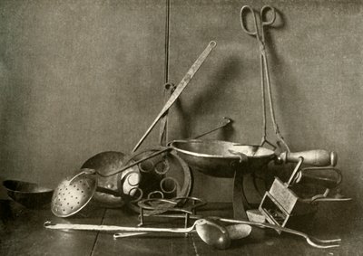 Sadiron, tongs, skimmer, fork, trivets and copper chopping-dish, c18th century by Unbekannt