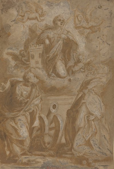 Saint Barbara in Glory with Saints Nicholas and Jerome by Unbekannt