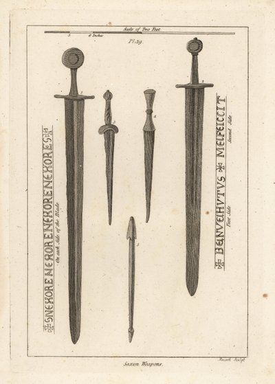 Saxon weapons: ancient iron sword and dirks and daggers found in the River Wytham, Lincolnshire, and a crossbow bolt found in the camp at Danbury, Essex by Unbekannt