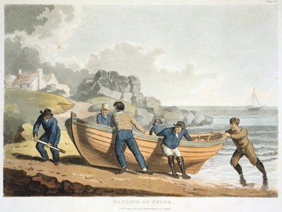 Seamen hauling a clinker-built dinghy up onto the shore by Unbekannt