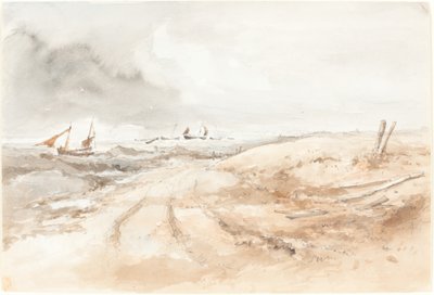 Shore Scene with Boats in Choppy Water by Unbekannt