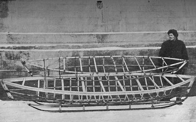 Skeletons of Kayak for One Man Bamboo, and Double Kayak, Lying on a Hand-Sledge by Unbekannt