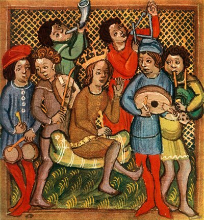 Small Drums, Fiddle, Horn, Triangle Lute and Bagpipes, Olomouc Bible by Unbekannt