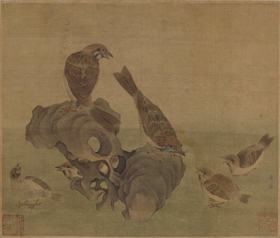 Sparrows feeding their young, Ming or Qing dynasty, 17th century by Unbekannt