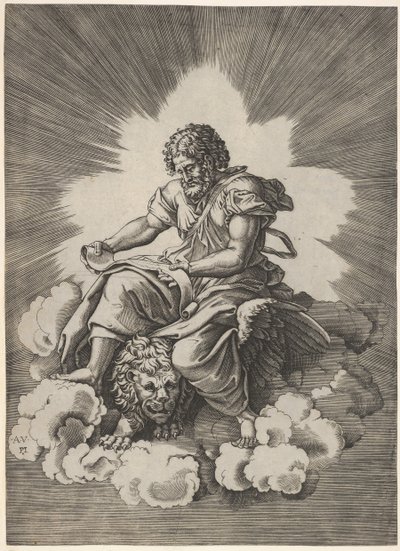 St. Mark, Seated with an Unfurled Scroll in His Hands, a Winged Lion