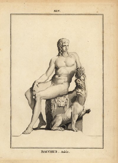 Statue of Bacchus, the Roman god of wine, seated naked with a bunch of grapes and a dog by Unbekannt